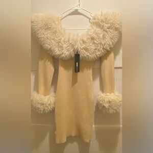 NWT Fashion Nova Cream Fuzzy Trim Sweater MNi DRESS 👗